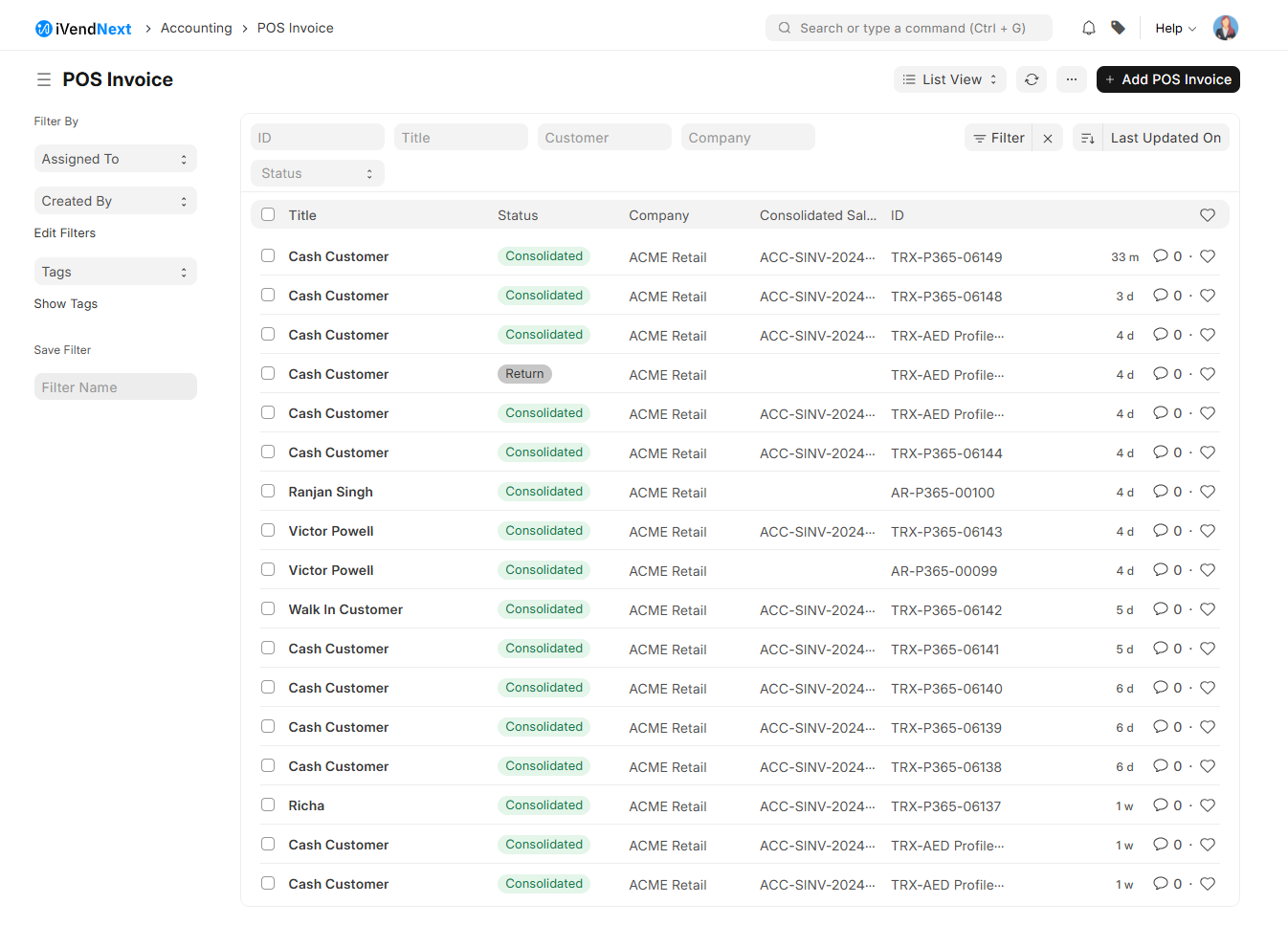 POS Invoice List View Screen